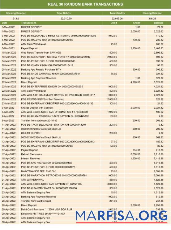 Blank Real random transactions 1 bank statement word example